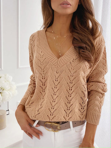 Woochic pull épaule tombante v-cou manches longues femme casual Caramel S
